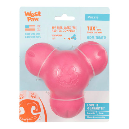 Pink dog toy with West Paw branding on a light blue background
