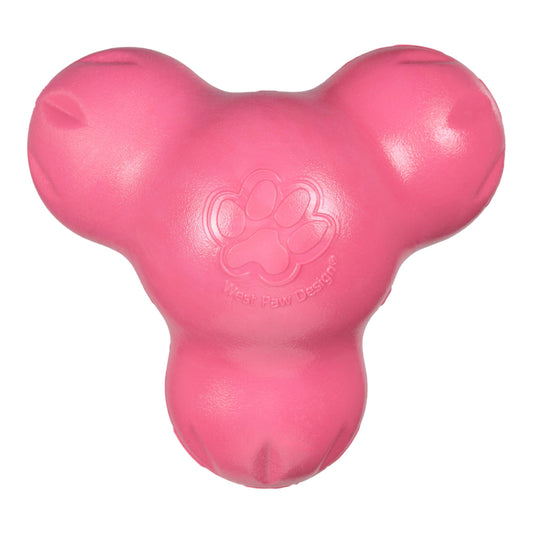 Pink dog toy with a paw print logo on a white background