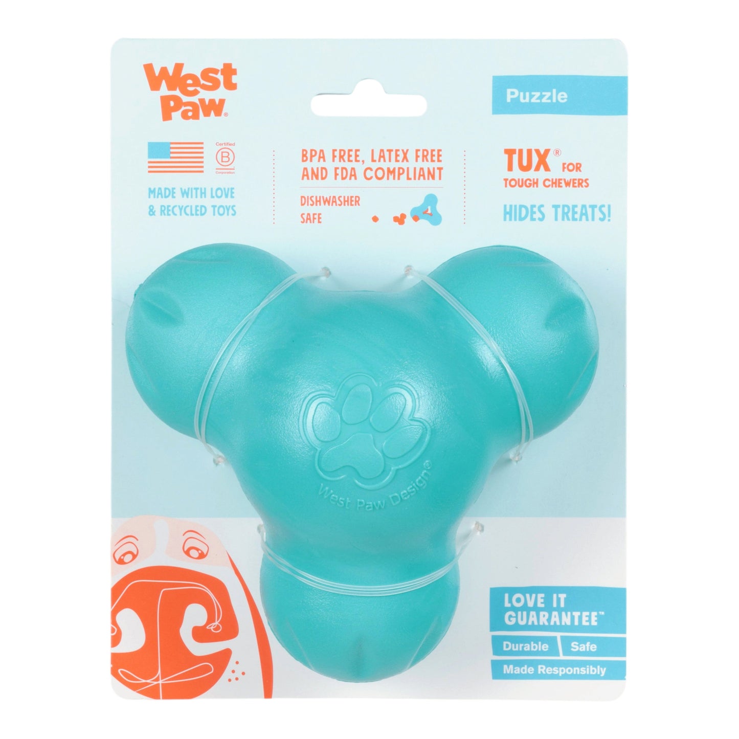 Teal dog toy with West Paw branding on packaging