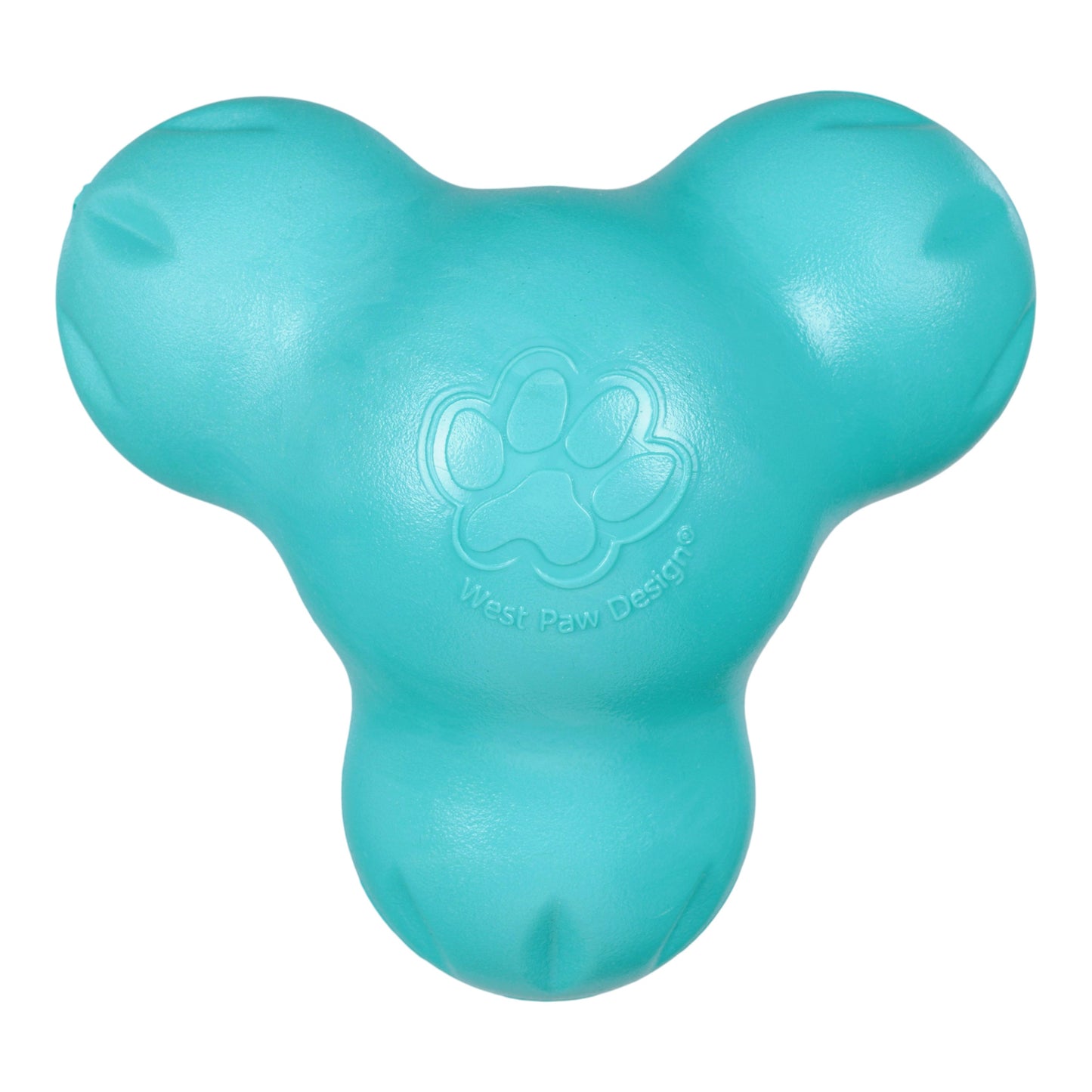 Turquoise dog toy with a paw print logo on a white background