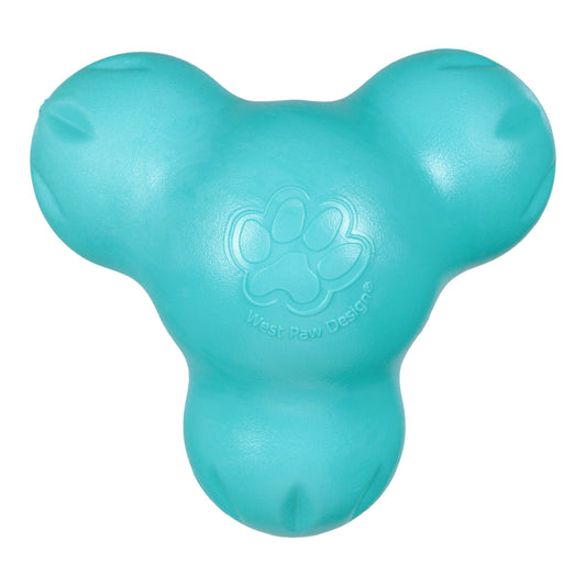 Turquoise dog toy with a paw print logo on a white background