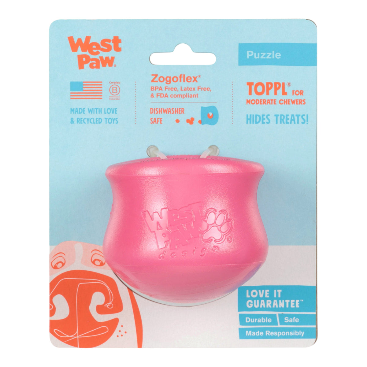 Pink dog toy in West Paw packaging on a white background