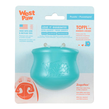 Teal dog toy with West Paw branding on a light blue packaging background