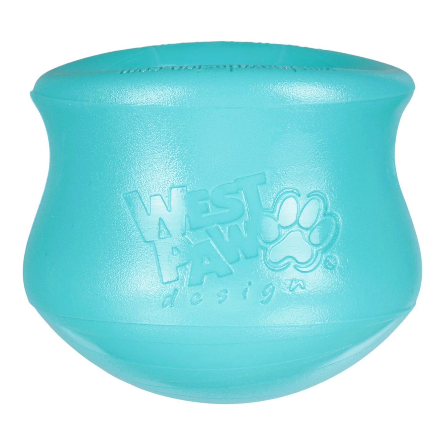 Turquoise dog toy with West Paw Design logo on a white background