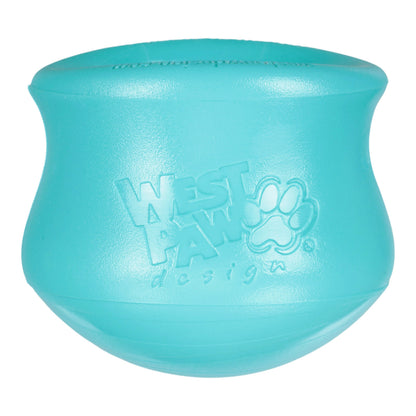 Turquoise dog toy with West Paw Design logo on a white background