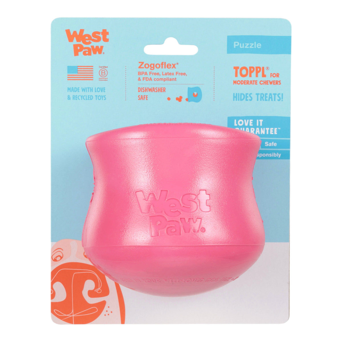 Pink dog toy with West Paw branding on a blue and white package
