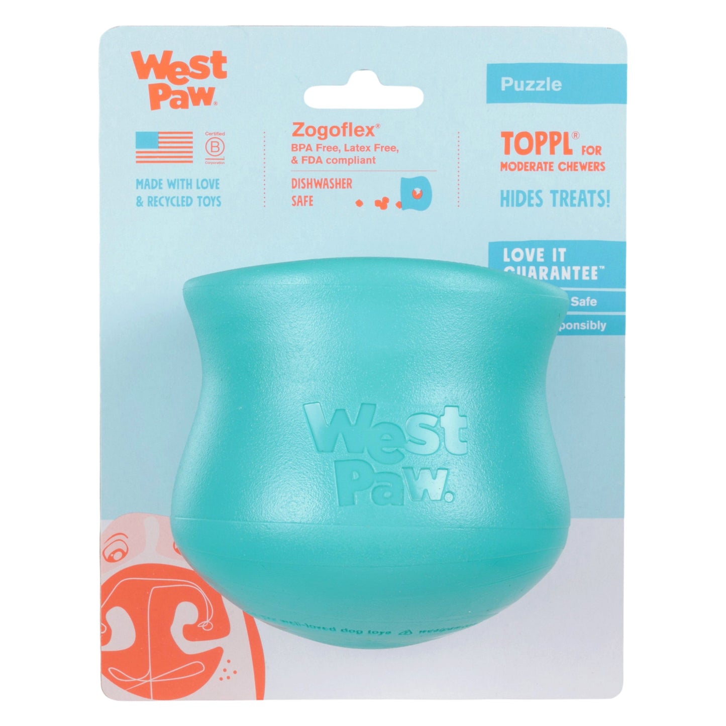 Teal dog toy with West Paw branding on a light blue packaging background
