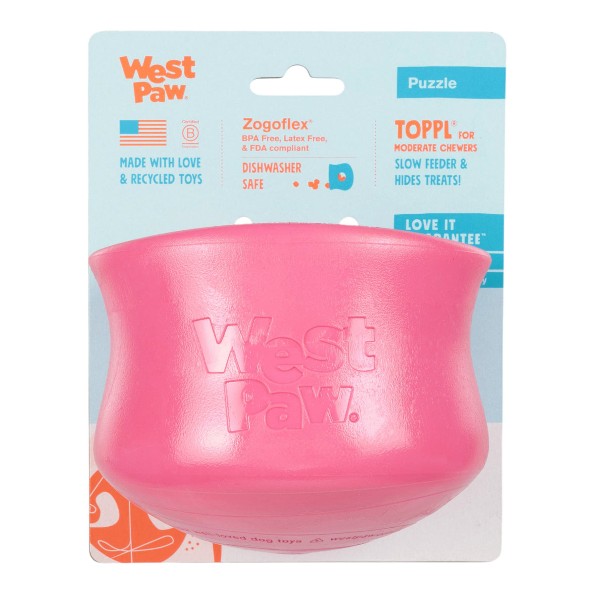 Pink dog toy with West Paw branding on a clear background
