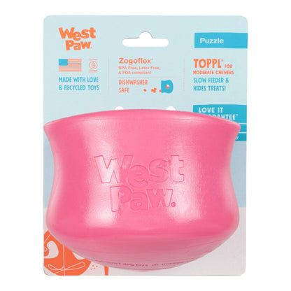 Pink dog toy with West Paw branding on a clear background
