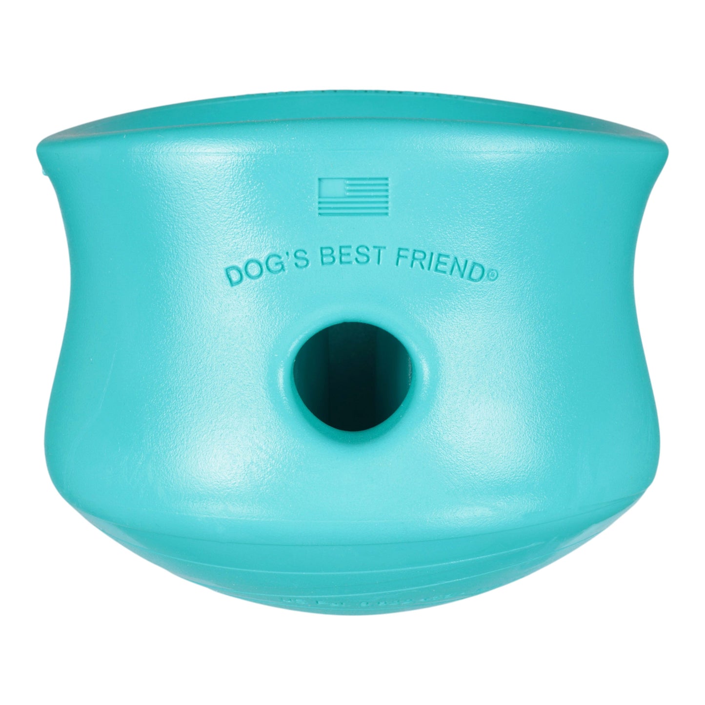 Turquoise dog toy with 'Dog's Best Friend' branding on a white background