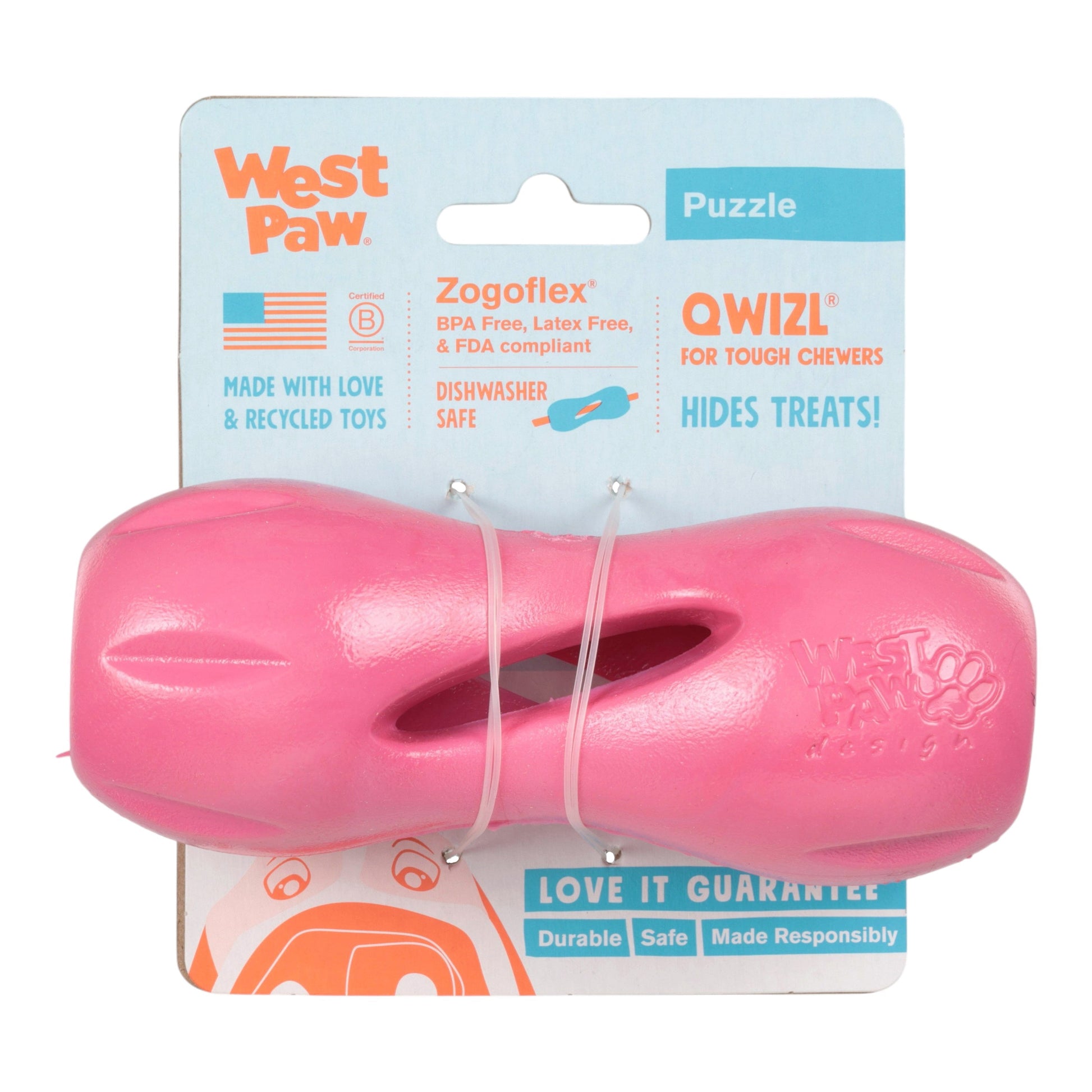 Pink dog toy with West Paw branding on a white background