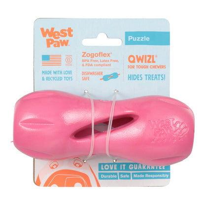Pink dog toy with West Paw branding on a white background