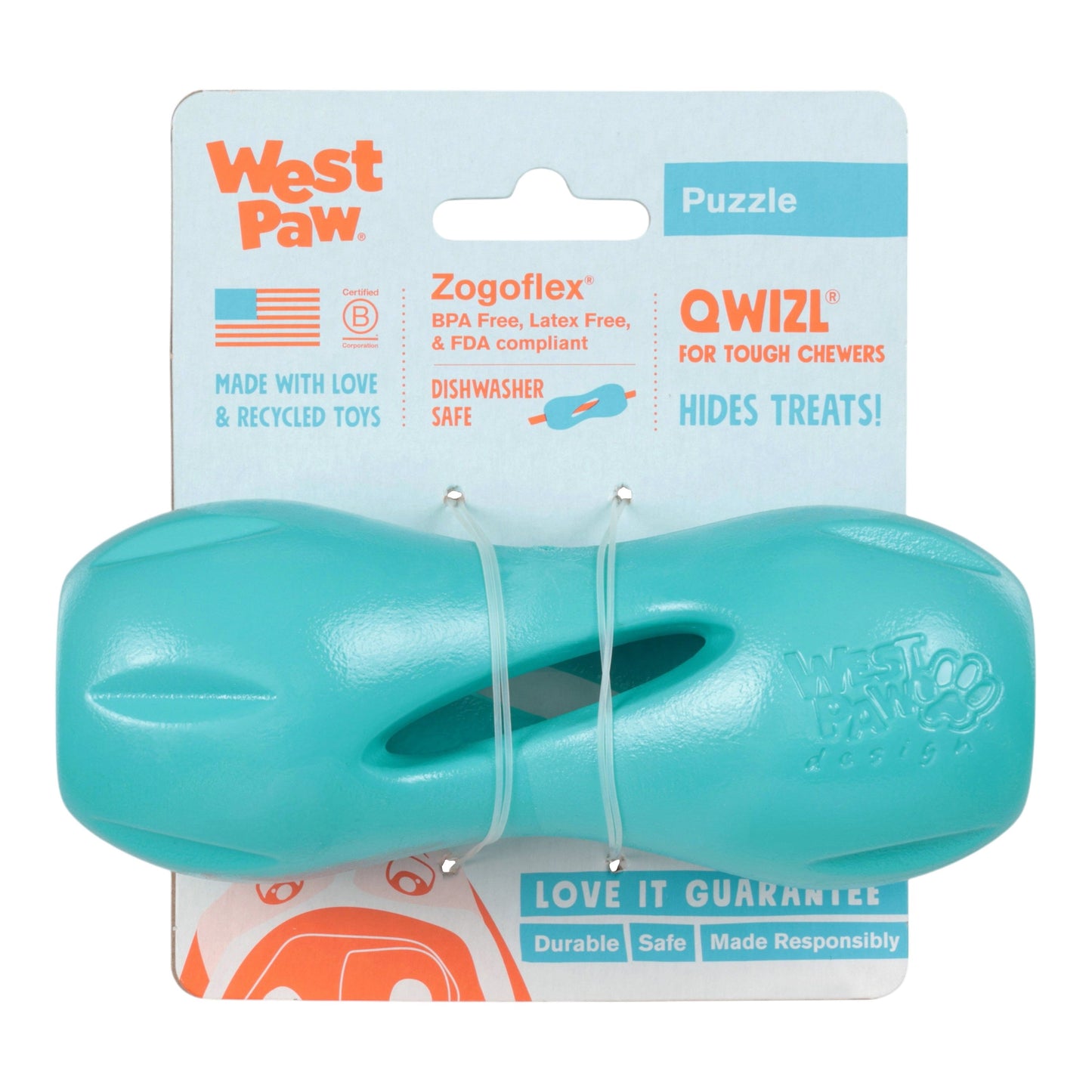 Teal dog toy with packaging featuring West Paw branding on a white background