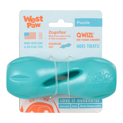 Teal dog toy with packaging featuring West Paw branding on a white background