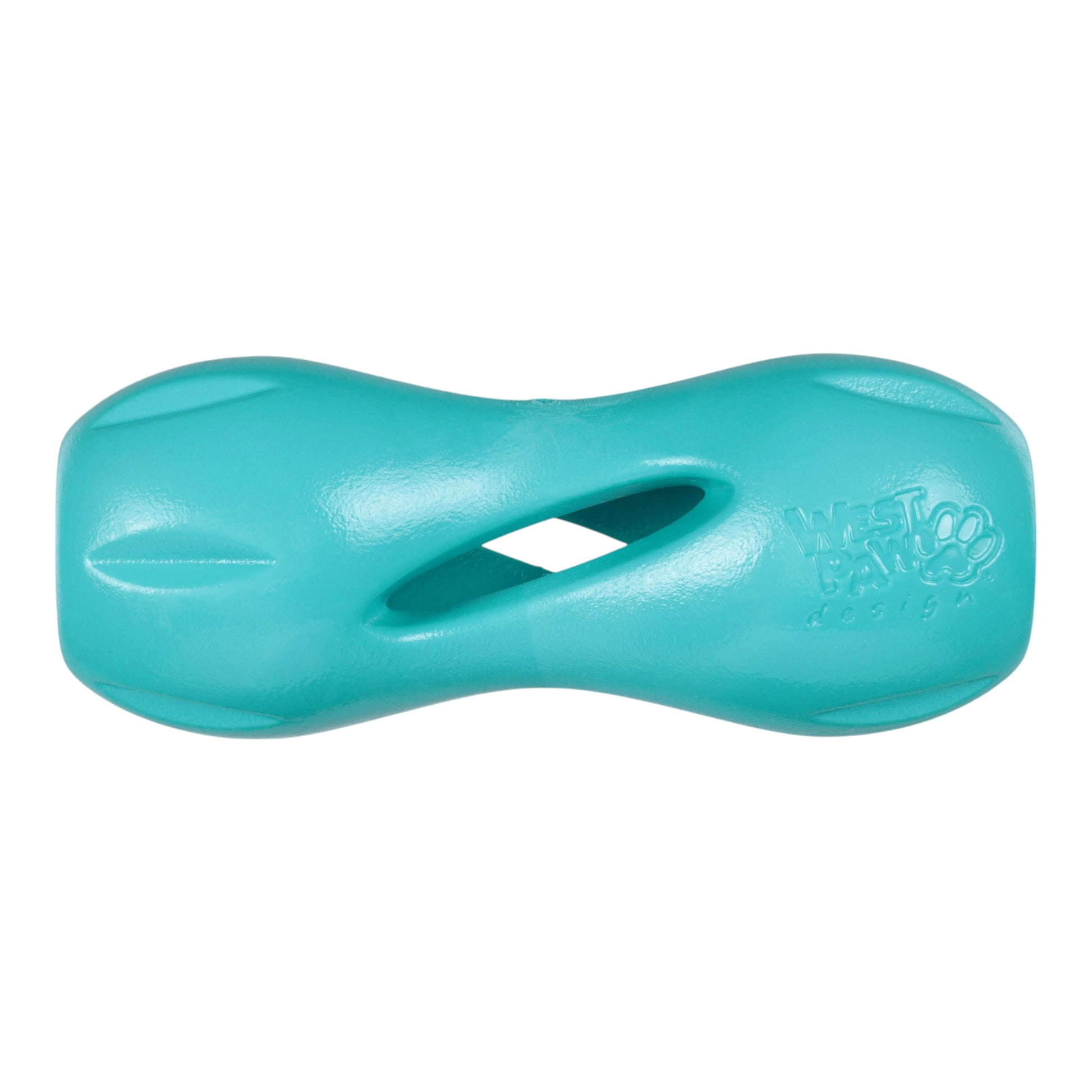 Turquoise dog toy with a visible brand logo on a white background