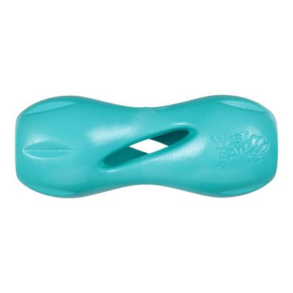 Turquoise dog toy with a visible brand logo on a white background