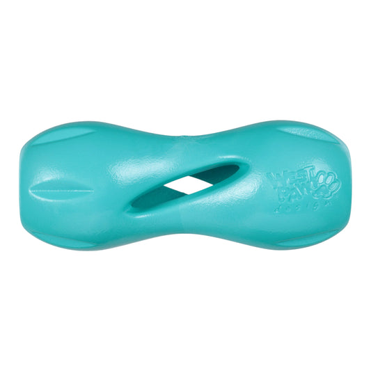 Turquoise dog toy with a visible brand logo on a white background