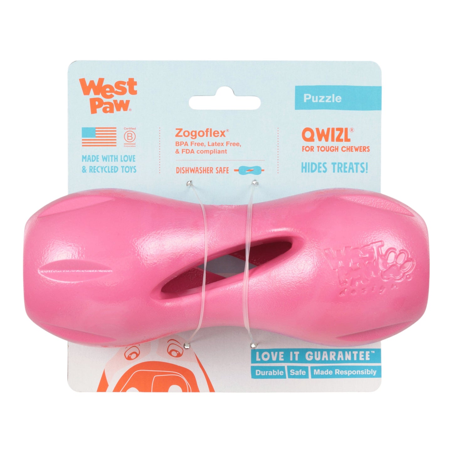 Pink dog toy with West Paw packaging on a white background