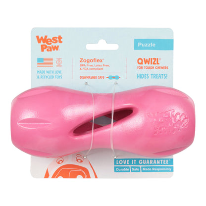 Pink dog toy with West Paw packaging on a white background
