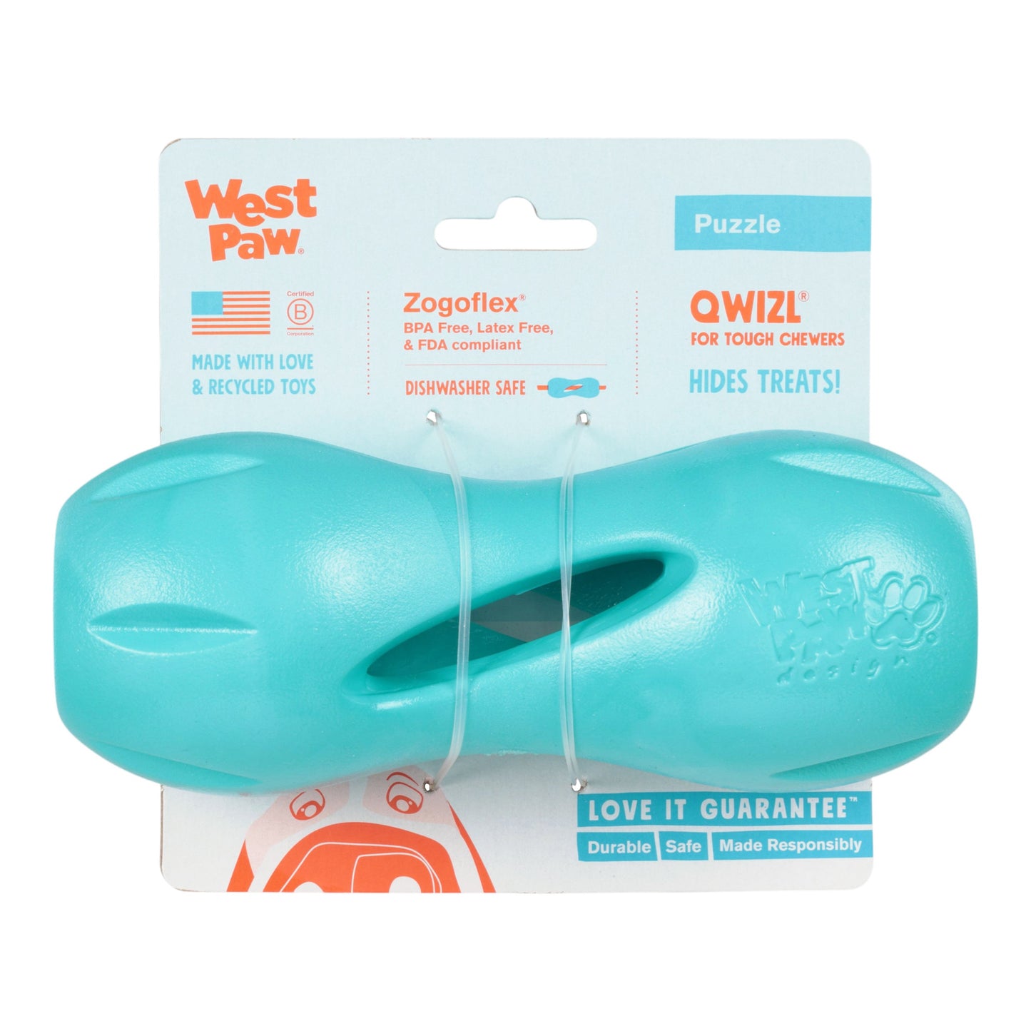 Teal dog toy with packaging featuring West Paw branding on a white background