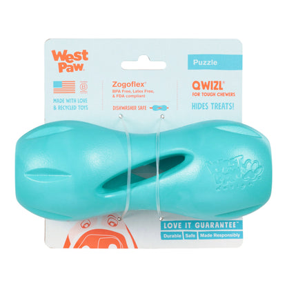 Teal dog toy with packaging featuring West Paw branding on a white background
