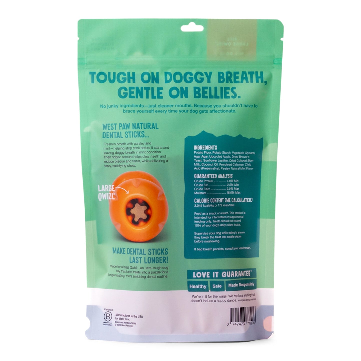 Green packaging of West Paw Natural Dental Sticks for dogs with text and an orange dog chew toy illustration.