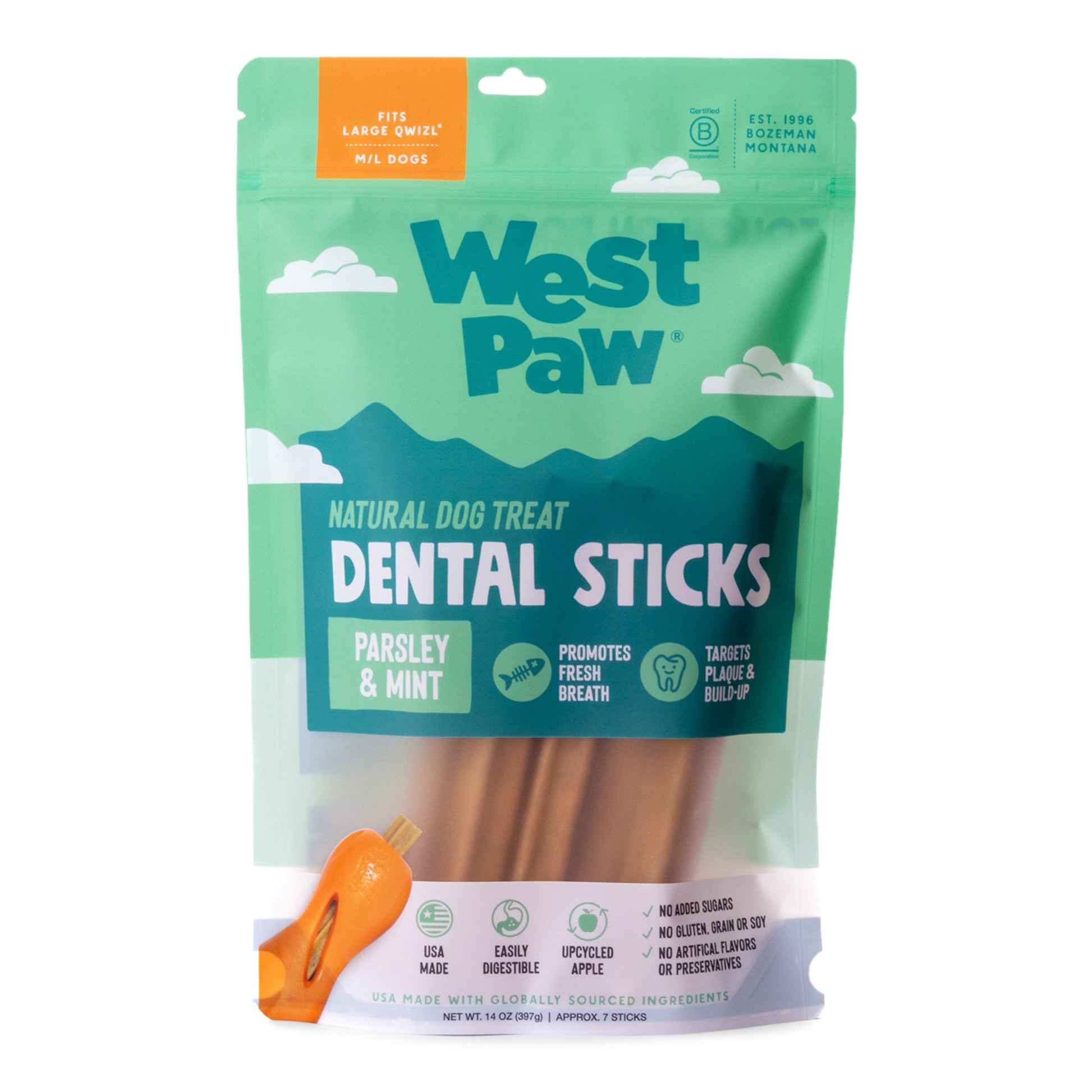 Package of West Paw Dental Sticks for dogs on a white background