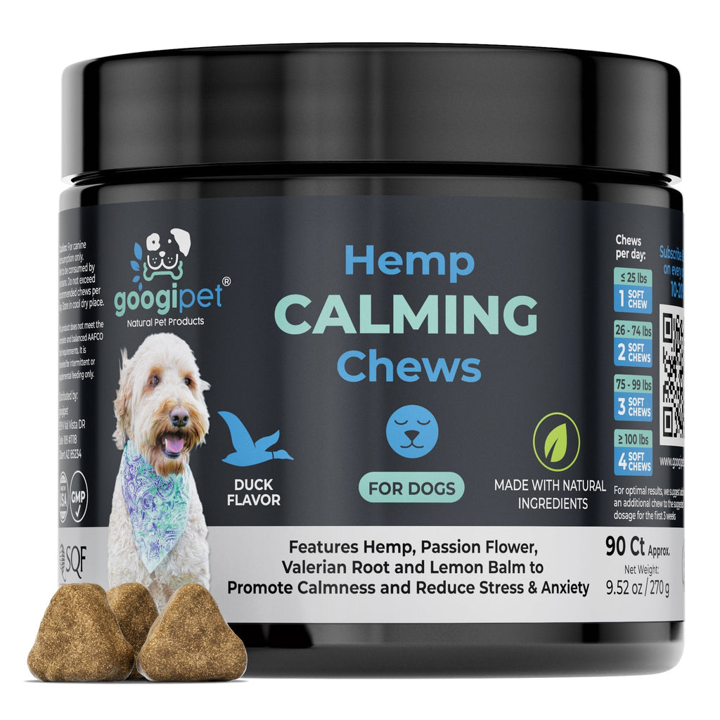 Container of Googipet Hemp Calming Chews for dogs on a white background