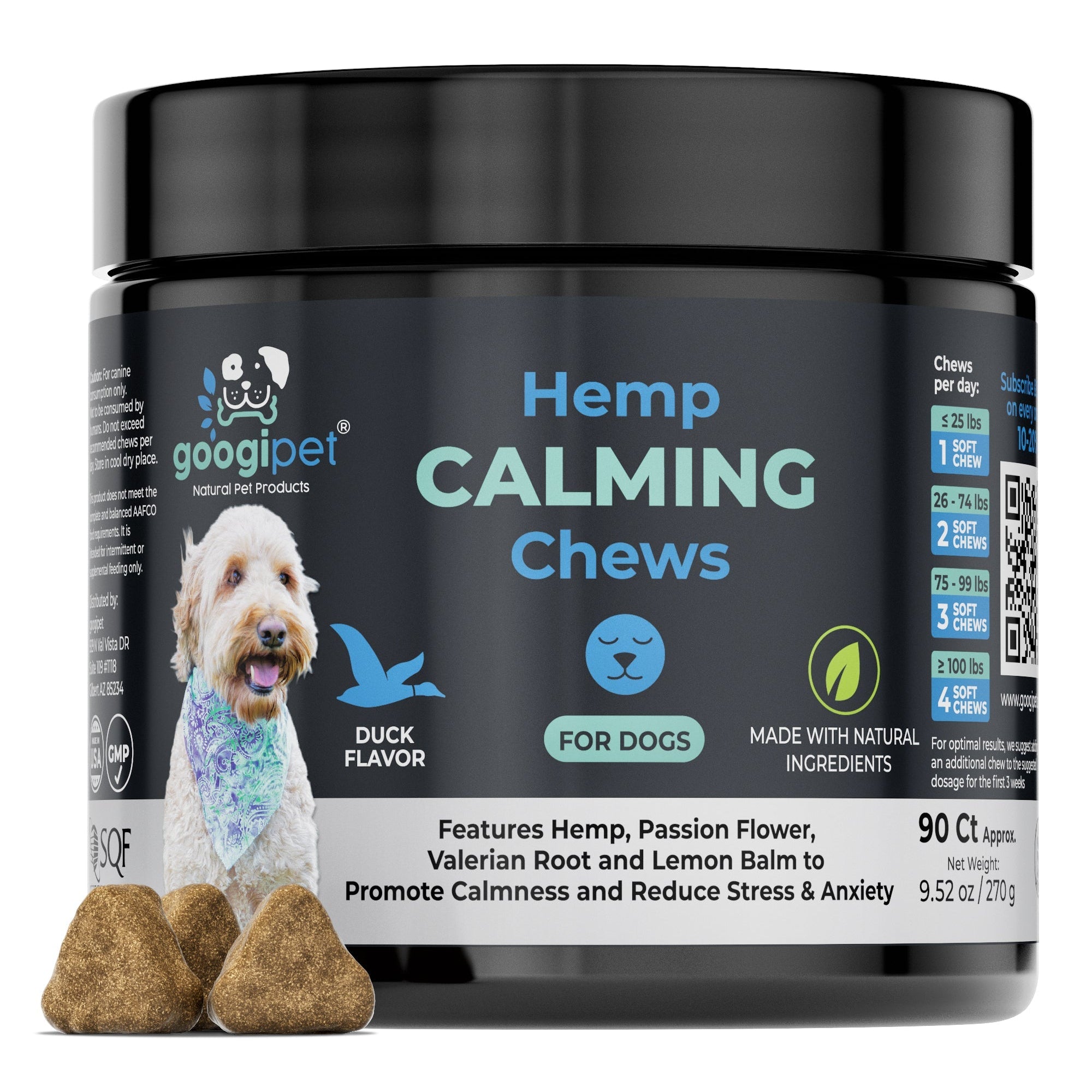 Container of Googipet Hemp Calming Chews for dogs on a white background