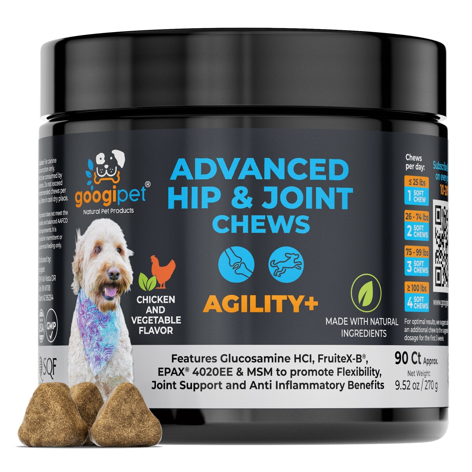 Container of Googipet Advanced Hip & Joint Chews for dogs on a white background