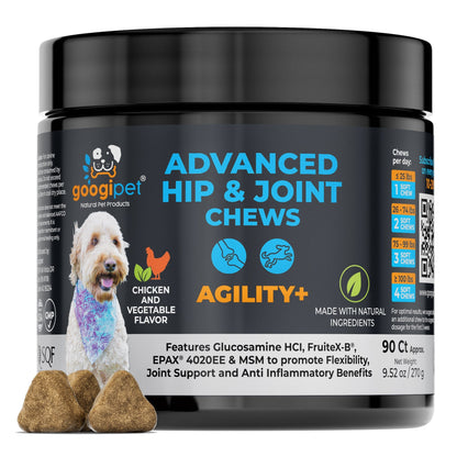 Container of Googipet Advanced Hip & Joint Chews for dogs on a white background