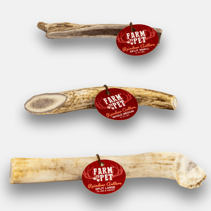 Three deer antler chew toys with 'Farm to Pet' labels on a white background