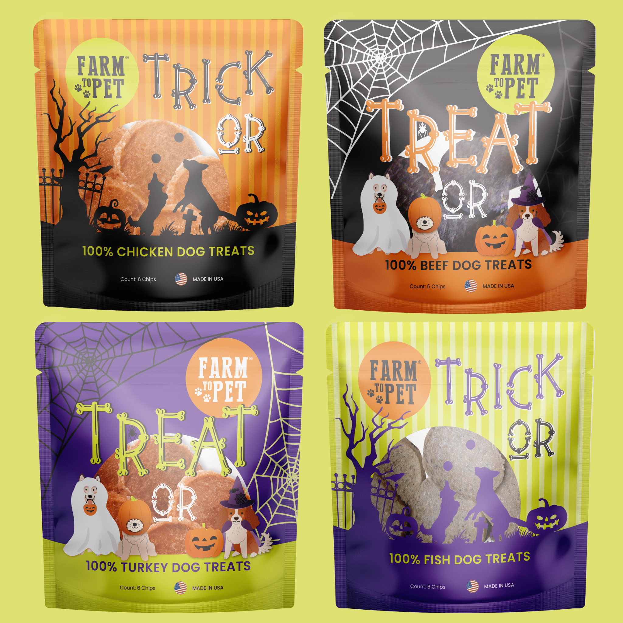 Four packages of Farm Pet dog treats with Halloween-themed designs on a yellow background.