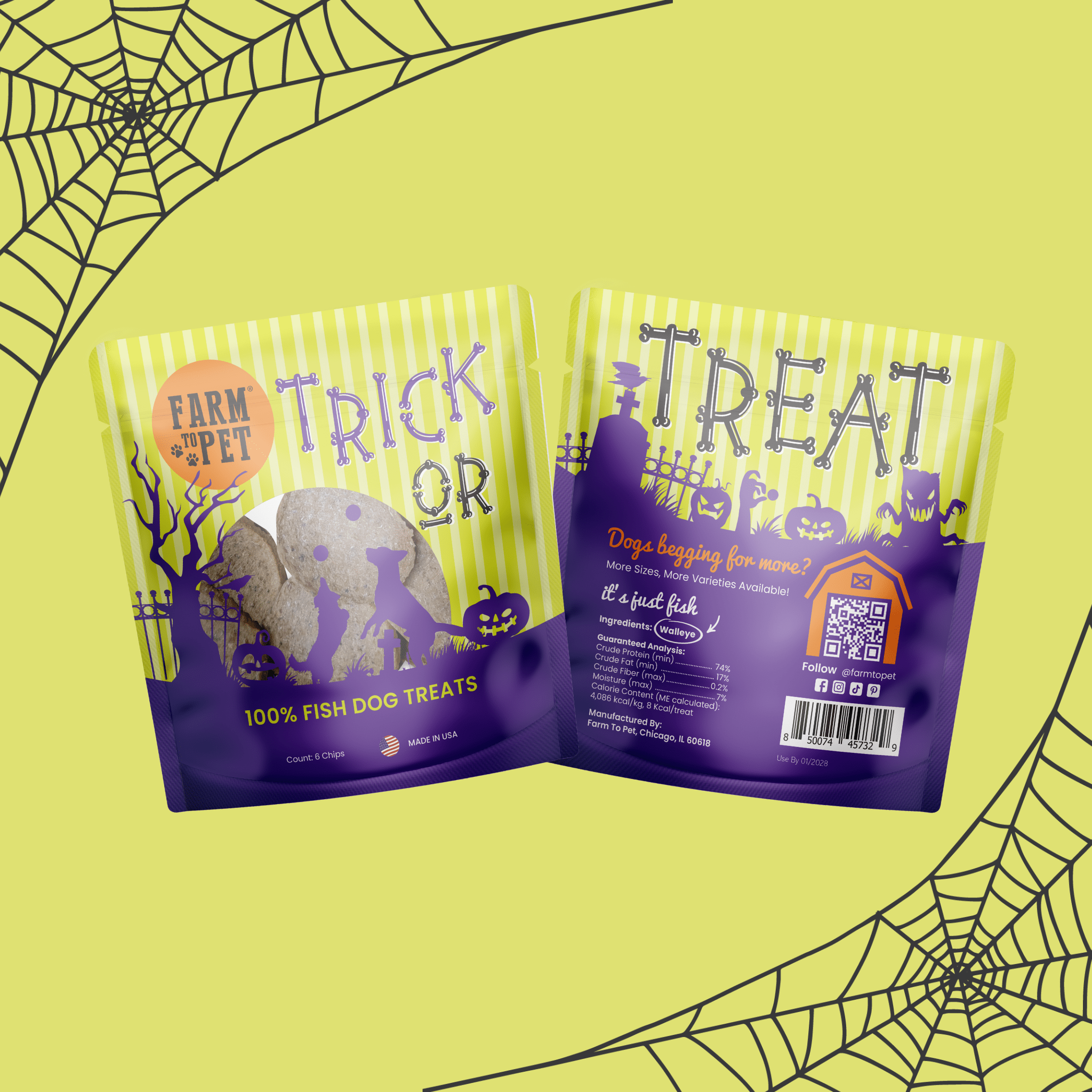 Two 'Farm to Pet' Halloween-themed dog treat packages on a yellow background with spider webs.