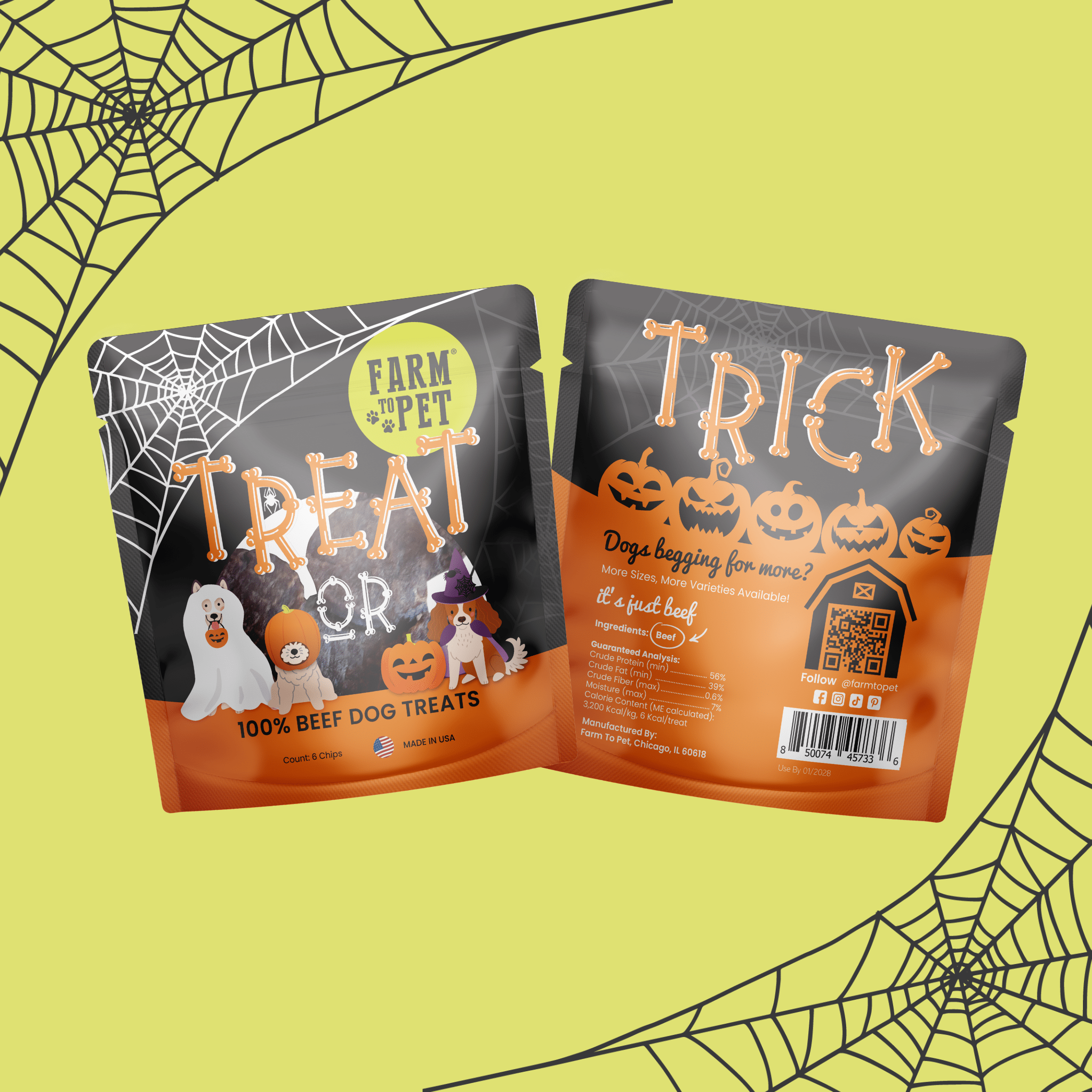 Two packages of dog treats with Halloween-themed designs on a green background with spider webs.