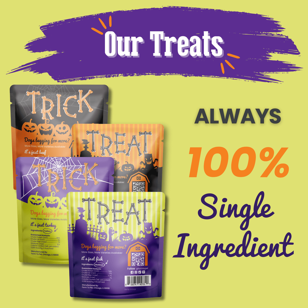 Dog treat packages with Halloween-themed designs on a green background