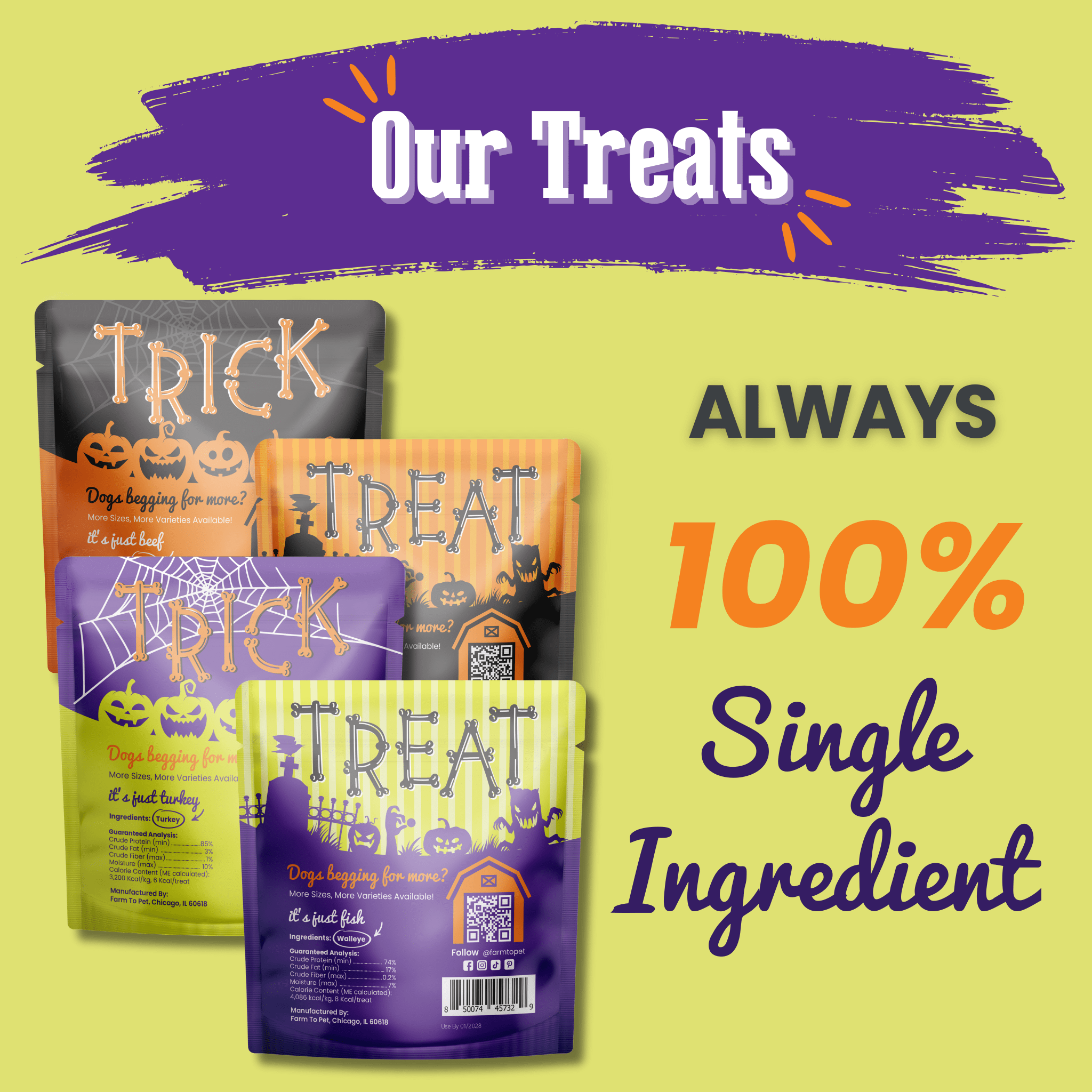 Dog treat packages with Halloween-themed designs on a green background
