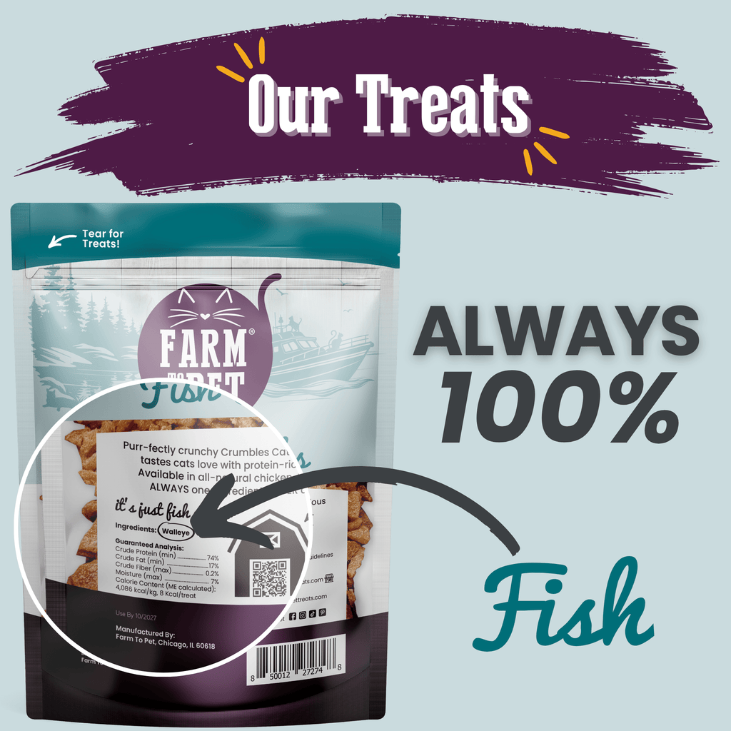 Cat treat package with 'Farm Fresh' branding on a light blue background