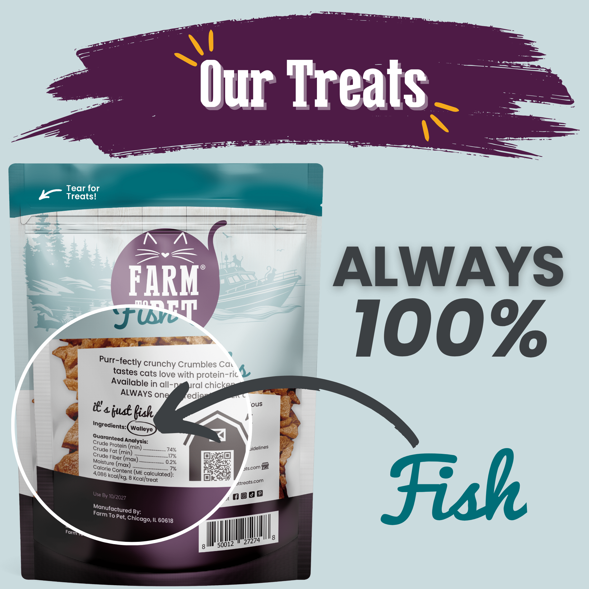 Cat treat package with 'Farm Fresh' branding on a light blue background