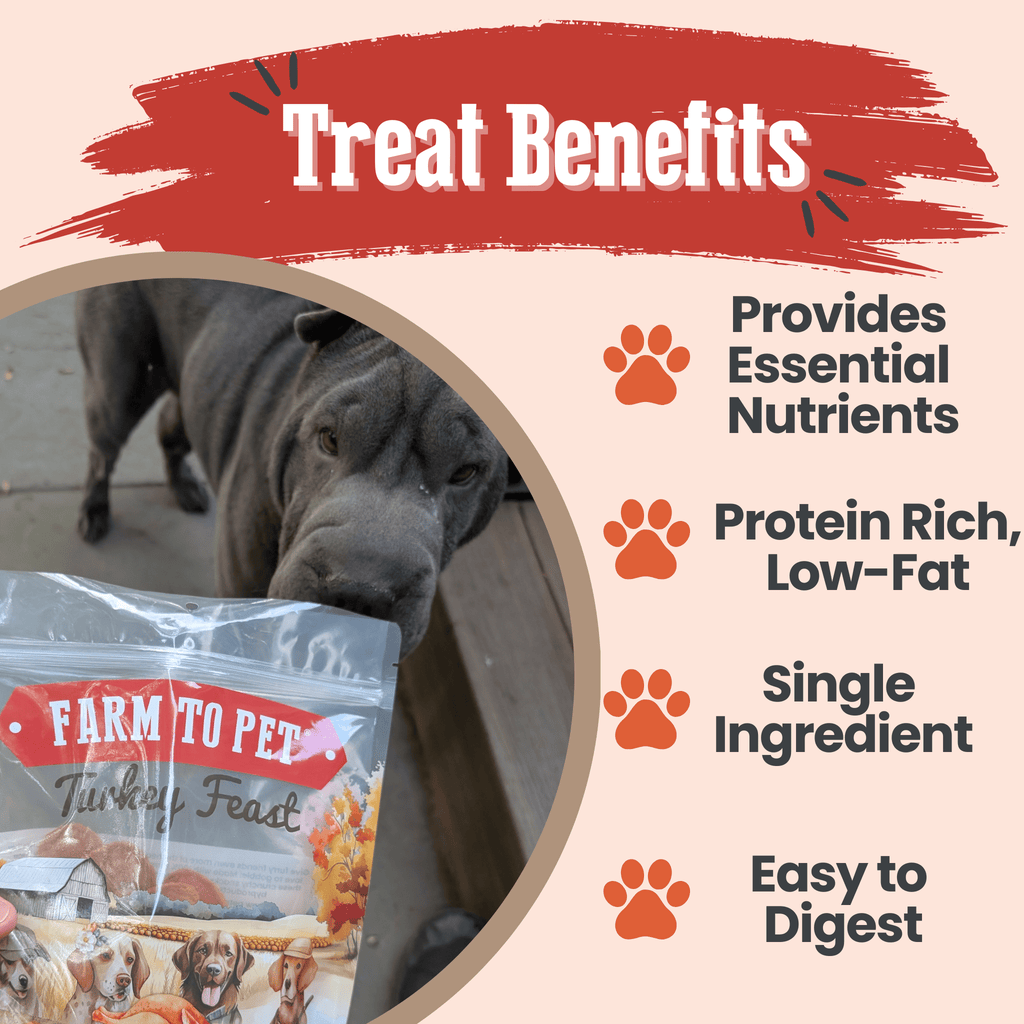 Dog treat package with text highlighting benefits on a beige background