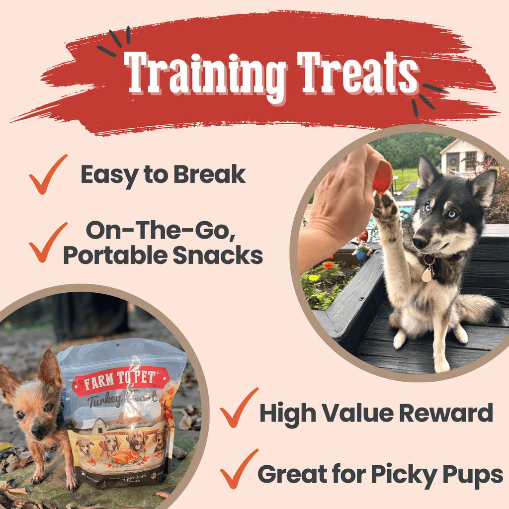 Promotional graphic for dog training treats with text and images of a dog and treats.