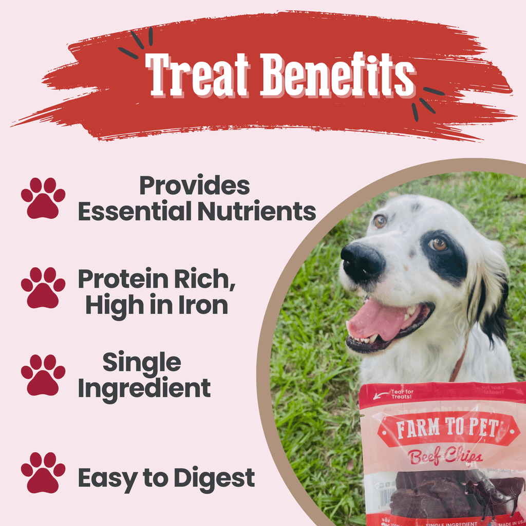 Dog treat packaging with text highlighting benefits on a white background