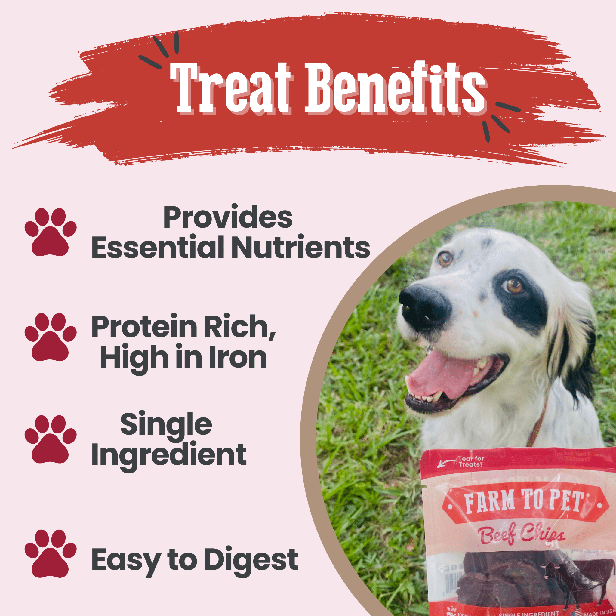 Dog treat packaging with text highlighting benefits on a white background
