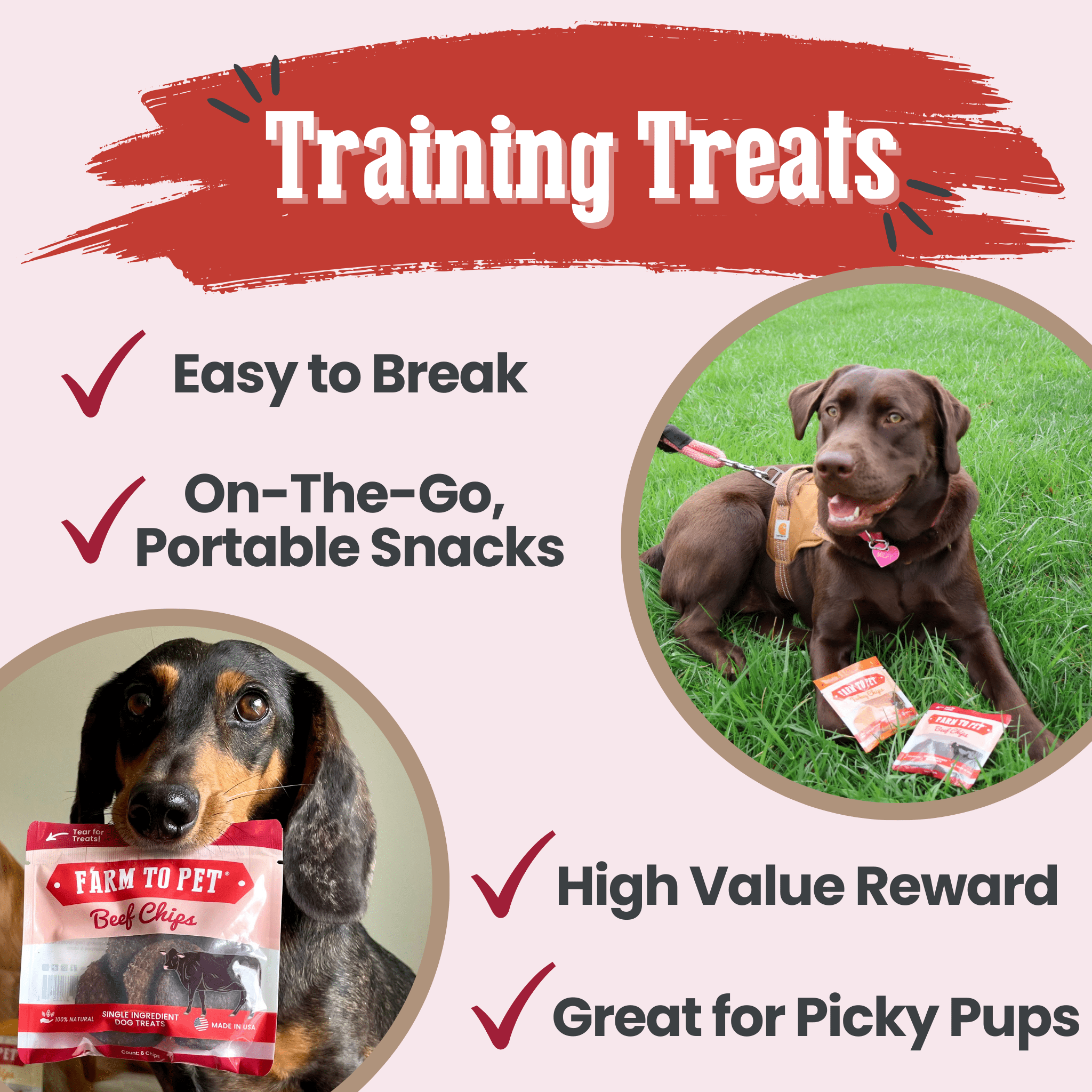 Dog training treats packaging with a dog on grass and text highlighting features.