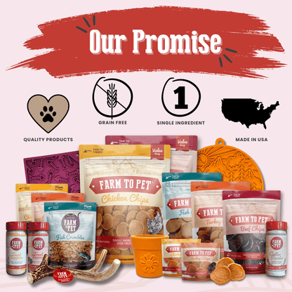 Dog food products with 'Farm to Pet' branding and packaging on a beige background.