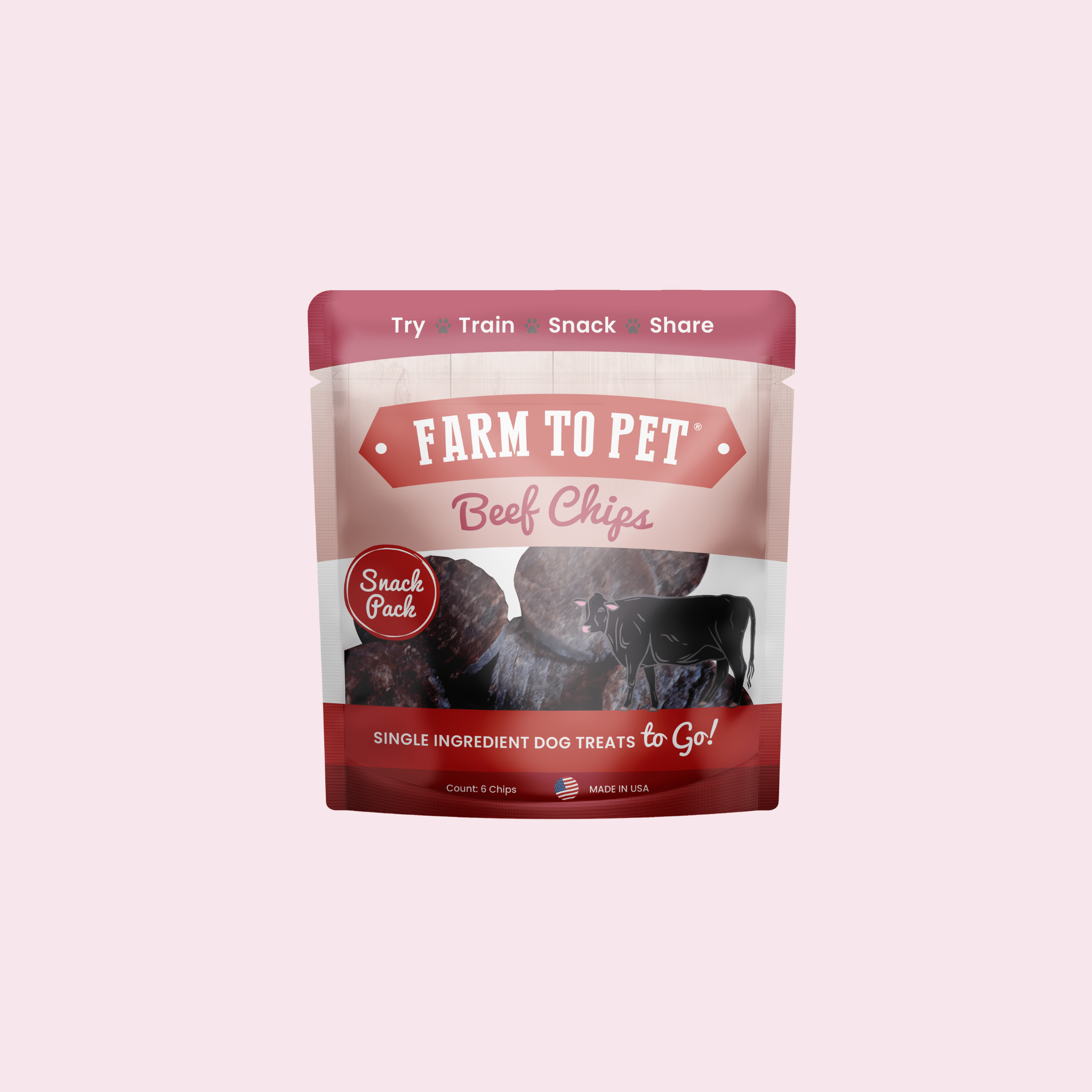 Package of Farm to Pet Beef Chips on a light pink background