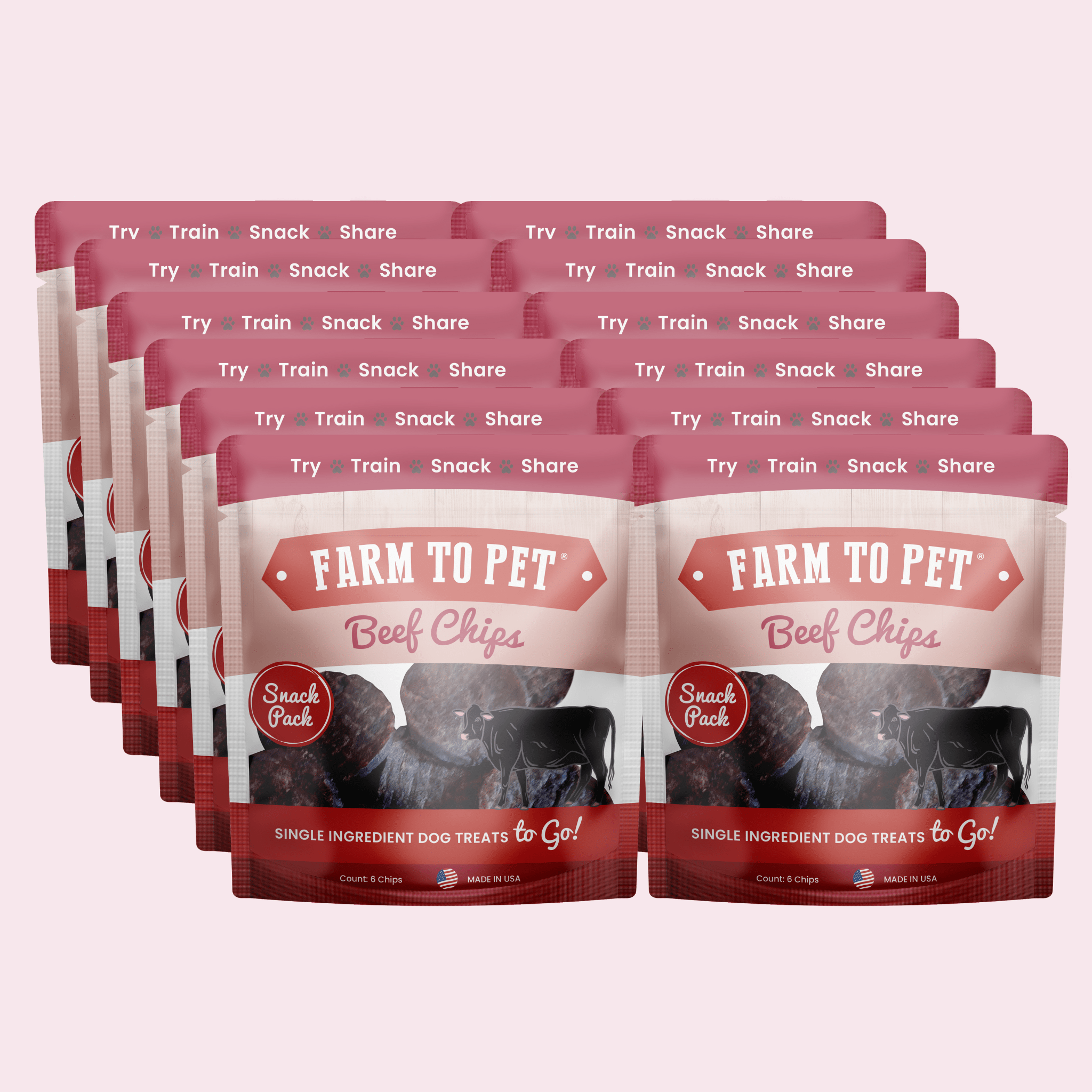 Multiple packages of Farm to Pet Beef Chips on a pink background