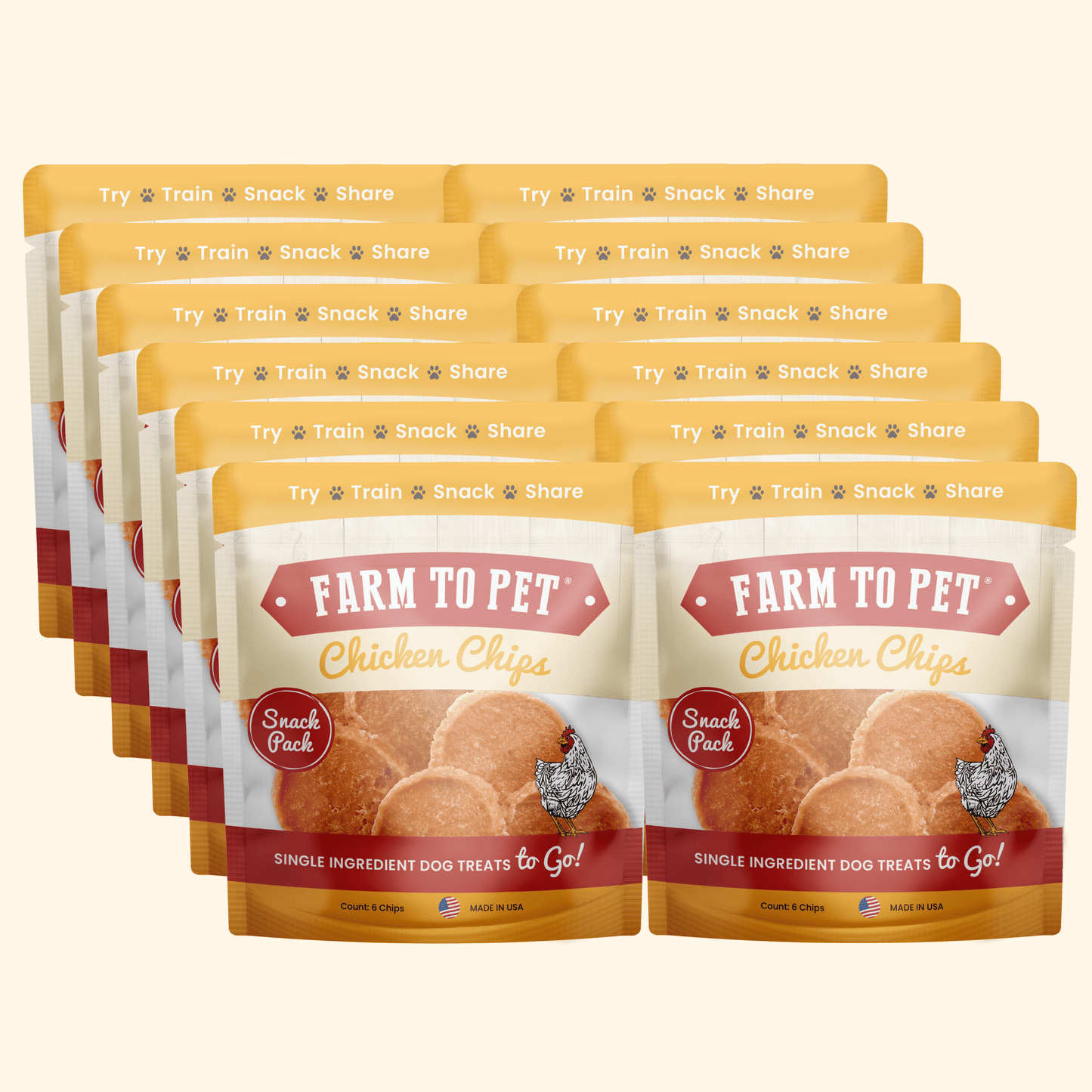 Multiple packages of Farm to Pet Chicken Chips dog treats on a white background