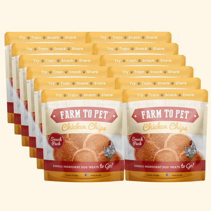 Multiple packages of Farm to Pet Chicken Chips dog treats on a white background
