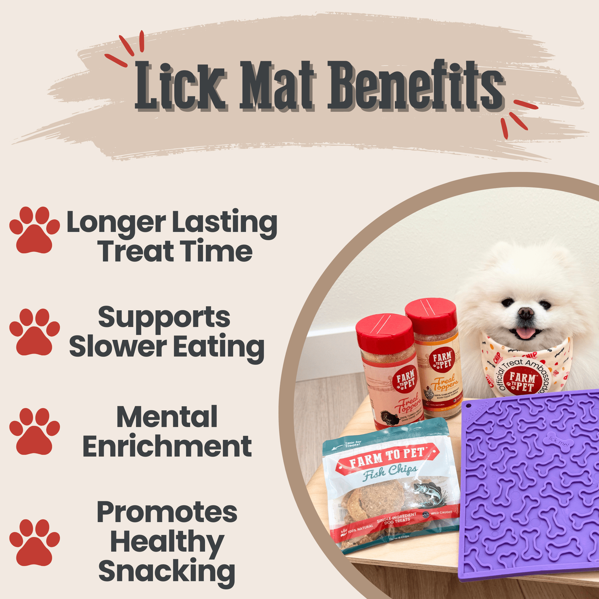 Lick mat benefits with a dog and treats on a table